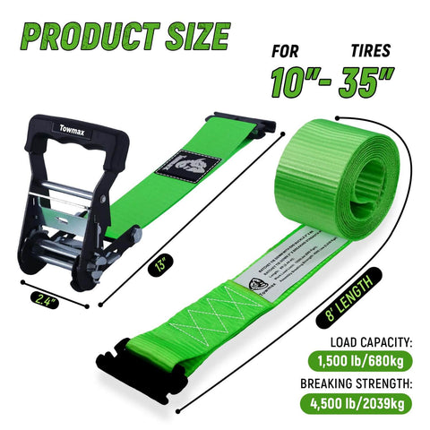 All In One UTV Wheel Chock Tie Down Kit By Towmax With 4500Lb Break Strength 4 Pack 2x8 Ft E Track Ratchet Straps green strap