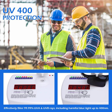 Construction workers testing 12 Pairs Safety Glasses ANSI Z87.1 UV Protection Unisex Grey Lenses Black Frame with UV meter