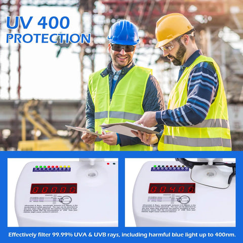 Workers wearing 12 Pack ANSI Z87.1 Safety Glasses Clear Lenses Anti Scratch for Men Women Youth with UV 400 protection on site