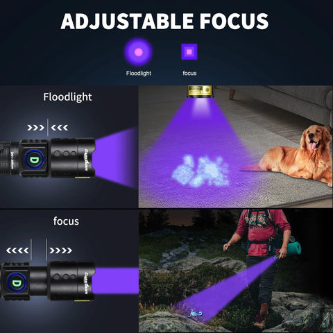 Adjustable focus Portable 395nm UV Flashlight Ultraviolet Black Light Mini USB Rechargeable detecting pet urine stains and scorpions.