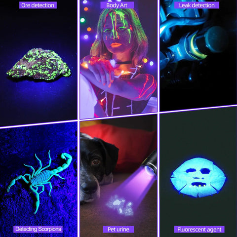 Portable 395nm UV Flashlight Ultraviolet Black Light Mini USB Rechargeable With Metal Body Palm Size Pocket Friendly Detector in various use cases like ore detection, body art, and stain detection on surfaces.
