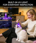 Woman using compact USB C rechargeable EDC flashlight delivers 800 lumens with a bright main beam and a handy side light on cat