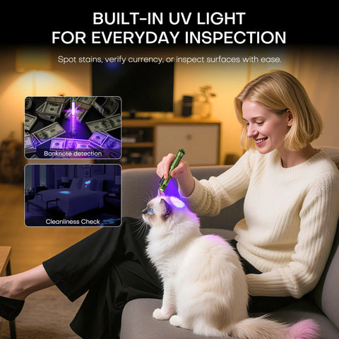 Woman using compact USB C rechargeable EDC flashlight delivers 800 lumens with a bright main beam and a handy side light on cat