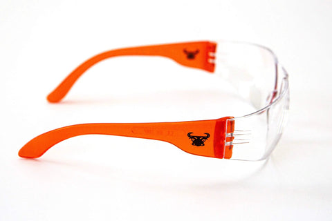 Side view of UV Protection Safety Goggles With 99 Percent UV Impact Resistant Clear Lenses, orange frame.