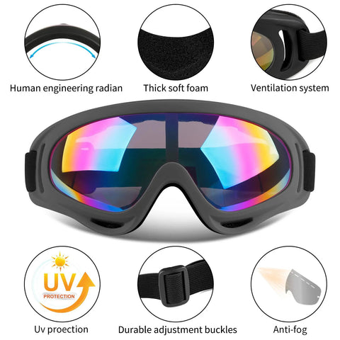 2 Pack Ski Goggles For Men Women Kids UV Protection Foam Anti Scratch Dustproof in black frame with rainbow lenses