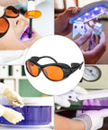UV Safety Glasses for 90nm-490nm UV Lamps Orange Lenses Anti-Glare Anti-Fog shown in various professional settings.