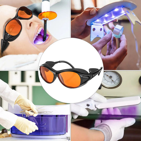 UV Safety Glasses for 90nm-490nm UV Lamps Orange Lenses Anti-Glare Anti-Fog shown in various professional settings.