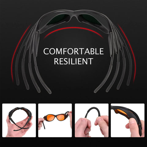 UV Safety Glasses for 90nm-490nm UV Lamps Orange Lenses Anti-Glare Anti-Fog shown with flexible, comfortable design features