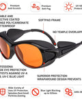 UV Safety Glasses for 90nm-490nm UV Lamps Orange Lenses Anti-Glare Anti-Fog with protective features and orange polycarbonate lenses