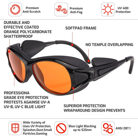 UV Safety Glasses for 90nm-490nm UV Lamps Orange Lenses Anti-Glare Anti-Fog with protective features and orange polycarbonate lenses