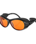 UV Safety Glasses for 90nm-490nm UV Lamps Orange Lenses Anti-Glare Anti-Fog shown in a side view with sturdy black frame.