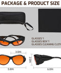 Package and dimensions of UV Safety Glasses for 90nm-490nm UV Lamps Orange Lenses Anti-Glare Anti-Fog
