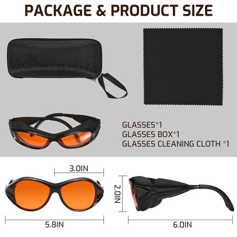 Package and dimensions of UV Safety Glasses for 90nm-490nm UV Lamps Orange Lenses Anti-Glare Anti-Fog