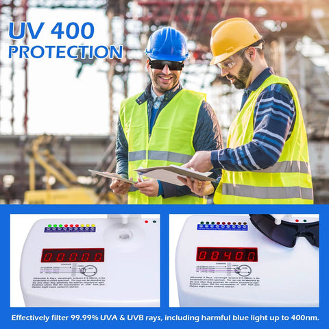 Two workers in safety vests wearing safety glasses, below images show UV400 testing results for 6 Pack Grey Safety Glasses for Men Women ANSI Z87.1 UV400 Anti Scratch Eyewear.
