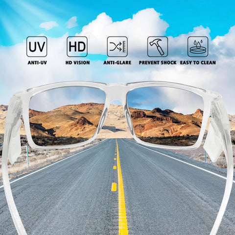 Removable Side Shield Safety Glasses With UV400 Anti Fog Lenses For Work clear frame with road and icons background.