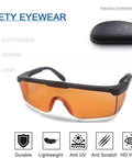 UVC 400 Blue Light Blocking Safety Glasses ANSI Z87 with case, orange-tint lenses, black frame, eye protection features displayed