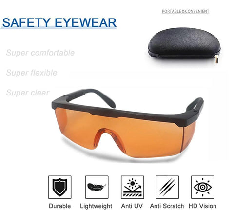 UVC 400 Blue Light Blocking Safety Glasses ANSI Z87 with case, orange-tint lenses, black frame, eye protection features displayed