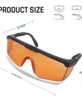 UVC 400 Blue Light Blocking Safety Glasses ANSI Z87 Protective Eyewear, orange lenses, adjustable fit dimensions labeled.