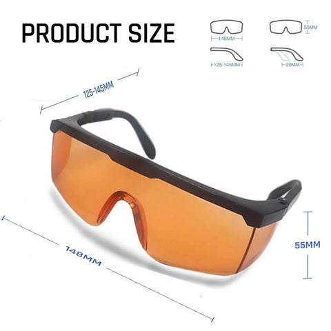 UVC 400 Blue Light Blocking Safety Glasses ANSI Z87 Protective Eyewear, orange lenses, adjustable fit dimensions labeled.