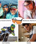 Collage of UVC 400 Blue Light Blocking Safety Glasses used in outdoor sports, medical settings, riding, and work environments.