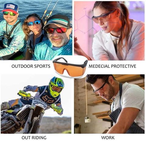 Collage of UVC 400 Blue Light Blocking Safety Glasses used in outdoor sports, medical settings, riding, and work environments.