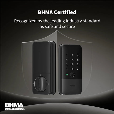 Ultra Secure UWB Smart Lock With Matter Over Thread Delivers Effortless Access Through Auto Unlock, Apple Home Key, Fingerprint, And Keypad shown front and back.