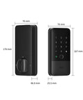 Ultra Secure UWB Smart Lock With Matter Over Thread Delivers Effortless Access Through Auto Unlock, Apple Home Key, Fingerprint, And Keypad, Powered By A Rechargeable Battery And Compatible With HomeKit, Alexa, Google, And Home Assistant showing front and side view with dimensions