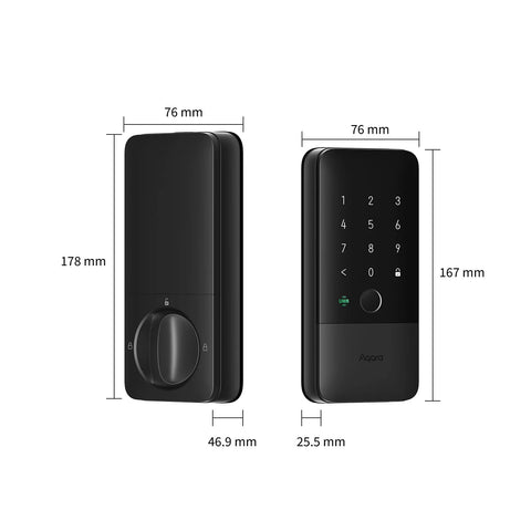 Ultra Secure UWB Smart Lock With Matter Over Thread Delivers Effortless Access Through Auto Unlock, Apple Home Key, Fingerprint, And Keypad, Powered By A Rechargeable Battery And Compatible With HomeKit, Alexa, Google, And Home Assistant showing front and side view with dimensions