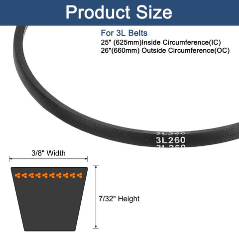 Diagram showing dimensions of 3L belts including 25-inch inside and 26-inch (660mm) outside circumference.