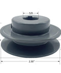 V Belt Pulley 2.5 Inch Outer Diameter Five Eighths Inch Fixed Bore 1 Groove Cast Iron, side view with dimensions
