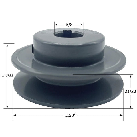 V Belt Pulley 2.5 Inch Outer Diameter Five Eighths Inch Fixed Bore 1 Groove Cast Iron, side view with dimensions
