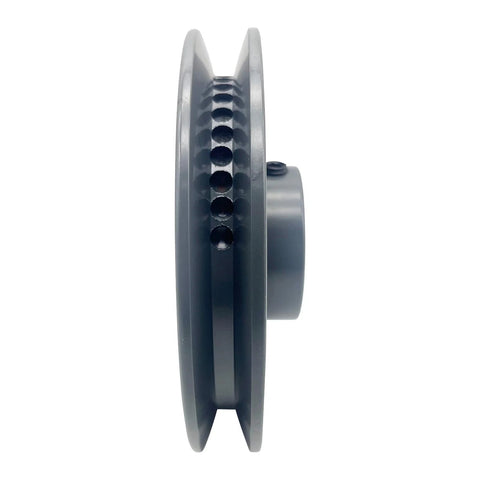 Side view of V Belt Pulley 4.75 Inch Outer Diameter with Five Eighth Inch Fixed Bore Cast Iron AK Single Groove for A 3L and 4L V Belts.