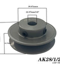 Front view of a gray Beefy Cast Iron V Belt Pulley with dimensions, single groove, for A, AX, 3L, 4L belts, by SUONE.