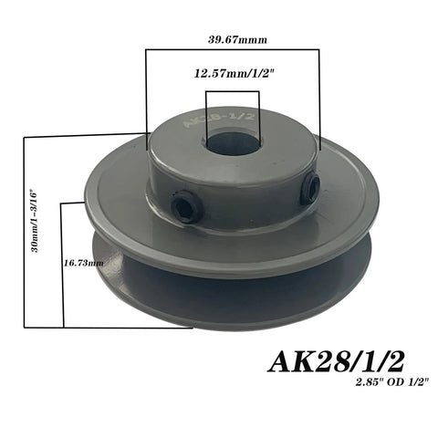 Front view of a gray Beefy Cast Iron V Belt Pulley with dimensions, single groove, for A, AX, 3L, 4L belts, by SUONE.