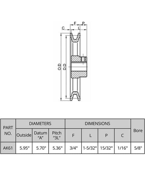 Technical diagram of Single Groove V Belt Pulley 5.95 Inch Outer Diameter With Five Eighth Inch Bore Cast Iron Fixed Bore