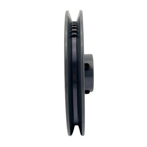 Side view of Beefy 5.95 Inch Outside Diameter V Belt Pulley With Seven Eighths Inch Bore Cast Iron Construction For AX 3L 4L V Belts