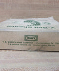Cardboard packaging from T.B. Wood's Sons Company, Chambersburg, PA, labeled "V-Belt Sheave," placed on a wood surface.