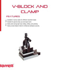 V Block And Clamp Set With Hardened Precision Ground Surfaces And Tapped Mounting Holes For Milling Drilling Grinding And Layout Work One And Five Sixteenths Inch Capacity Starrett Machinist Grade features list and logo.