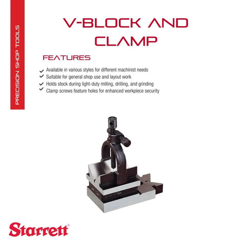 V Block And Clamp Set With Hardened Precision Ground Surfaces And Tapped Mounting Holes For Milling Drilling Grinding And Layout Work One And Five Sixteenths Inch Capacity Starrett Machinist Grade features list and logo.