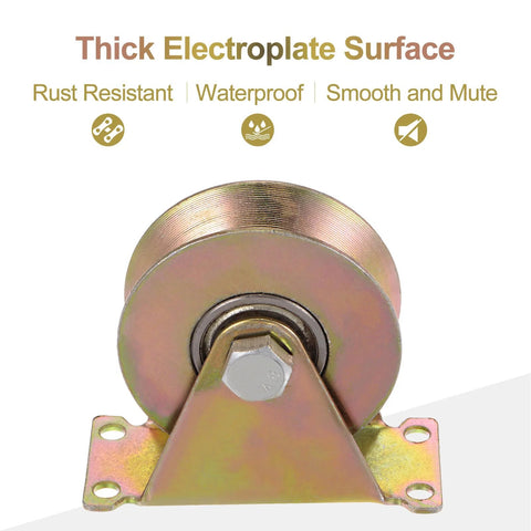 Three-inch galvanised steel caster with bracket for inverted V track, part of Four Piece 3 Inch V Groove Gate Caster Set