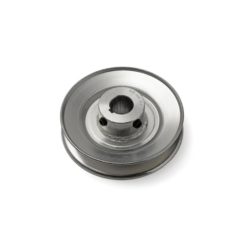 Side view of V-Groove Drive Pulley 4 Inch Outside Diameter 3/4 Inch Bore Heavy Duty Split Steel Construction with keyway and set screws.