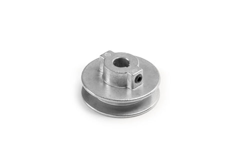 Heavy Duty 2.5 Inch V Groove Drive Pulley with Half Inch Bore, Z3A Zinc Alloy Die Cast, side view, fits 4L A belts, precision machined.