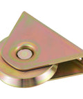Side view of 2 Pack 3.5 Inch V Type Sliding Gate Rollers With Bracket, V Groove Track Wheel Steel Rollers in zinc plated steel.