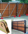 2 Pack 3.5 Inch V Type Sliding Gate Rollers With Bracket shown on a wooden sliding gate with metal frame and close-up of zinc plated wheel