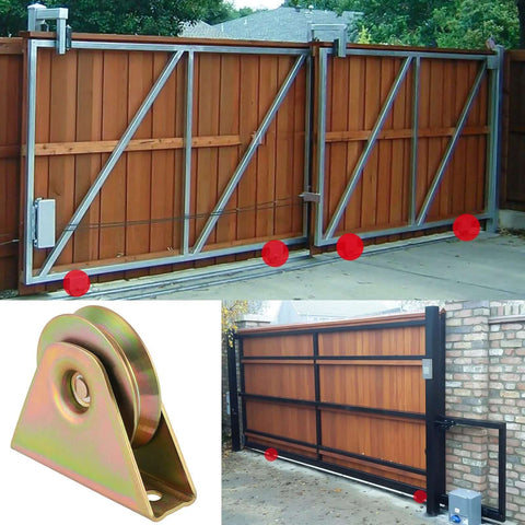 2 Pack 3.5 Inch V Type Sliding Gate Rollers With Bracket shown on a wooden sliding gate with metal frame and close-up of zinc plated wheel