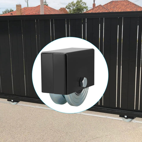 4 Inch V-Groove Gate Wheel With Welded Bracket Box And Double Bearings, Rolling Gate Caster for Inverted V-Track, installed view