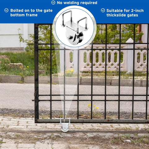 2 Pack 4" V-Groove Slide Gate Wheel Kit bolted on gate, heavy duty steel, for 2" thick inverted sliding rolling track, 3000 LBS capacity.
