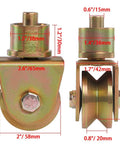 Front and side view of V Groove Gate Wheels 2 Inch Caster with 360 Degree Rotational Stem, showing measurements of steel construction.