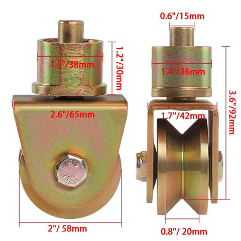 Front and side view of V Groove Gate Wheels 2 Inch Caster with 360 Degree Rotational Stem, showing measurements of steel construction.