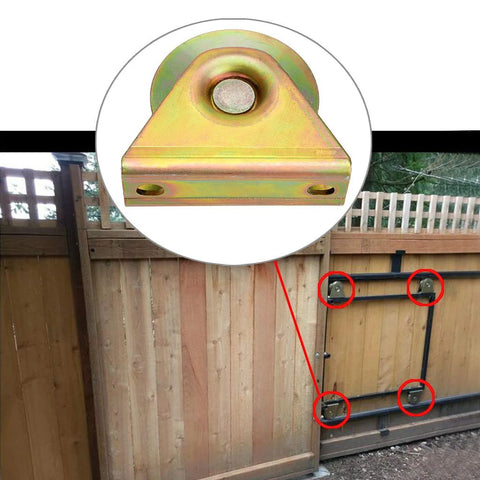 Heavy Duty 2 Pack 3 Inch V Groove Sliding Gate Wheels With Bracket For V Track Rail installed on wooden gate.